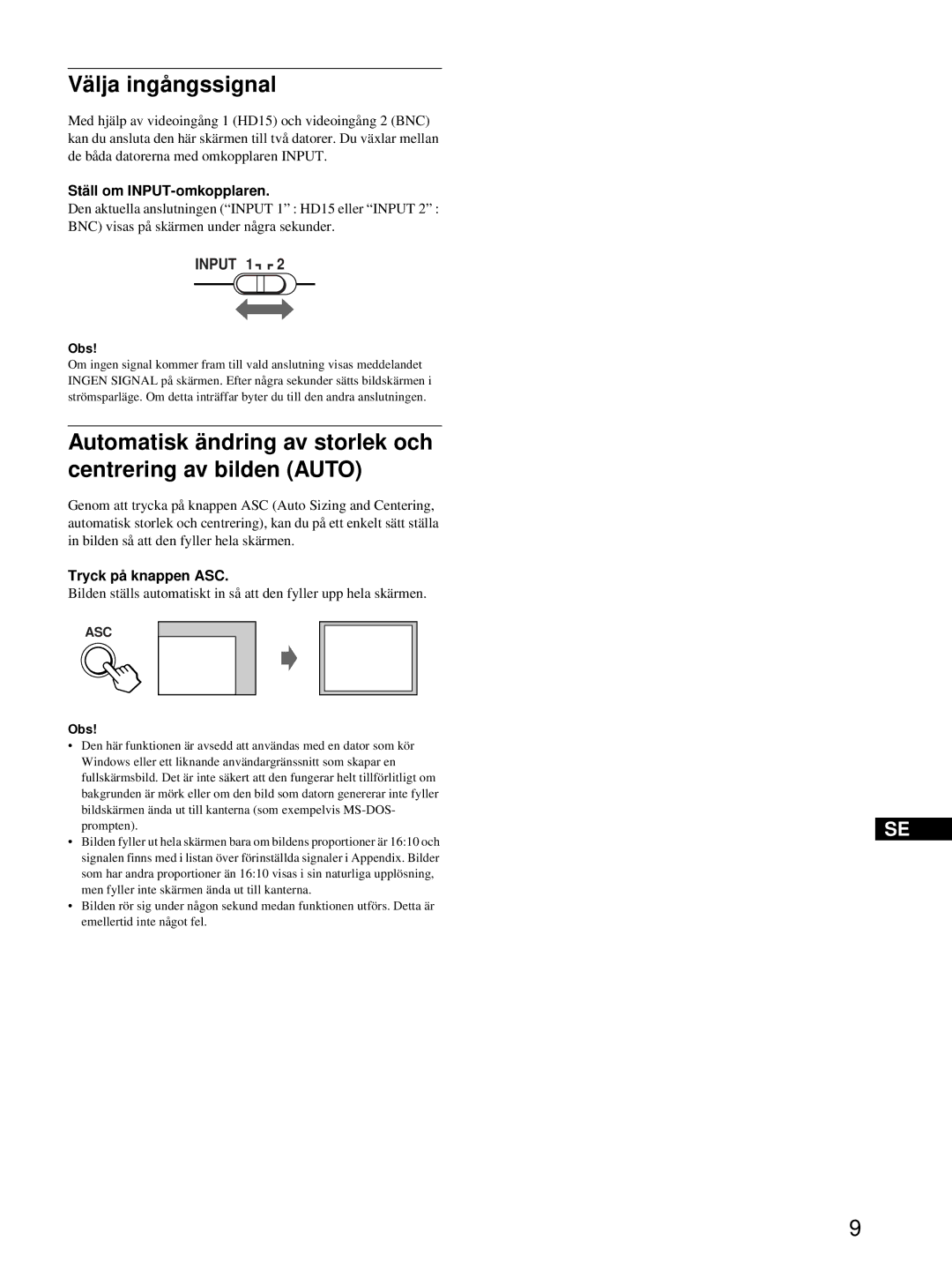 HP Color Display A7217A manual Välja ingångssignal, Automatisk ändring av storlek och centrering av bilden Auto 