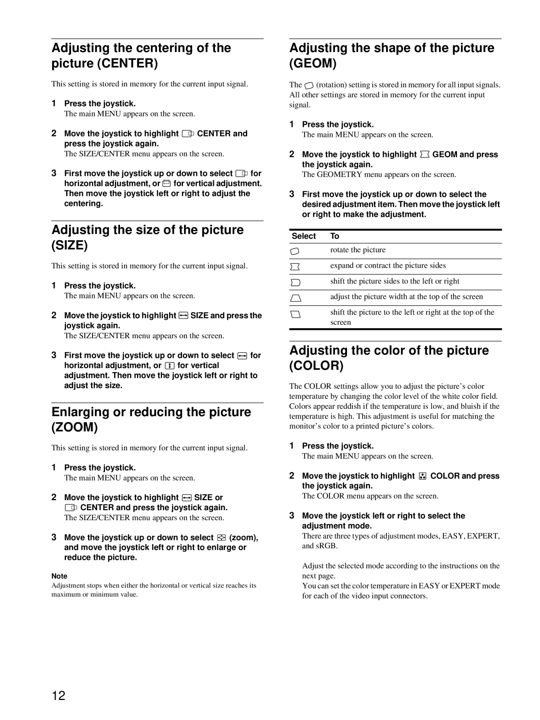 HP Color Display A7217A manual Adjusting the centering of the picture Center, Adjusting the size of the picture Size 