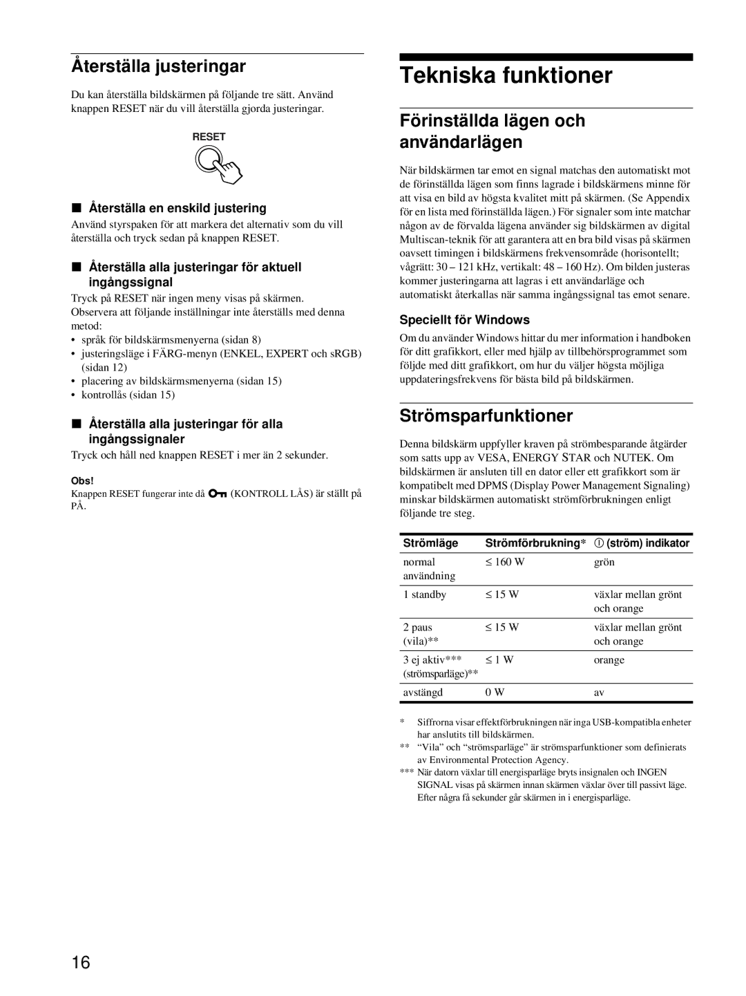 HP Color Display A7217A manual Tekniska funktioner, Återställa justeringar, Förinställda lägen och användarlägen 