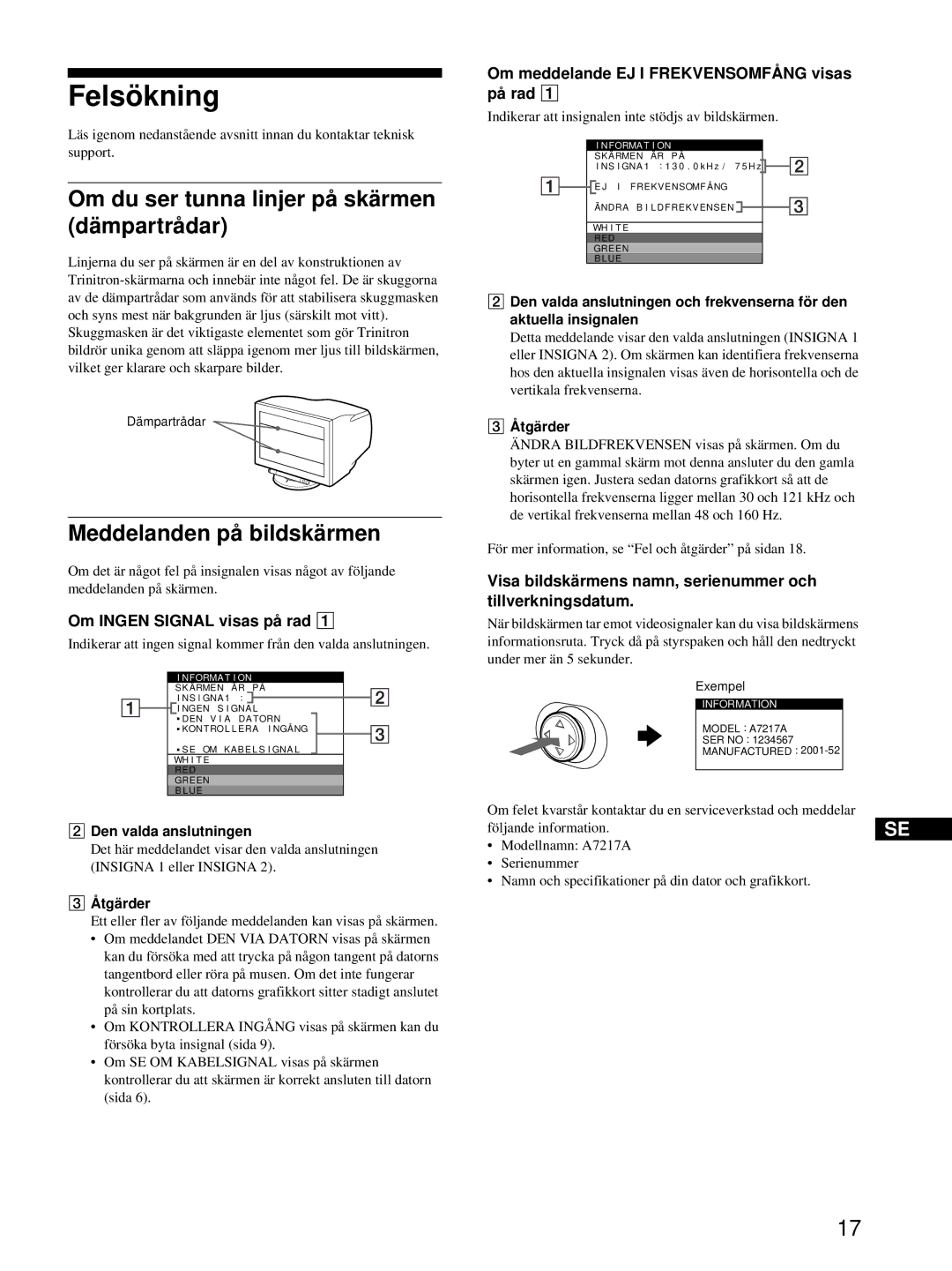 HP Color Display A7217A manual Felsökning, Om du ser tunna linjer på skärmen dämpartrådar, Meddelanden på bildskärmen 