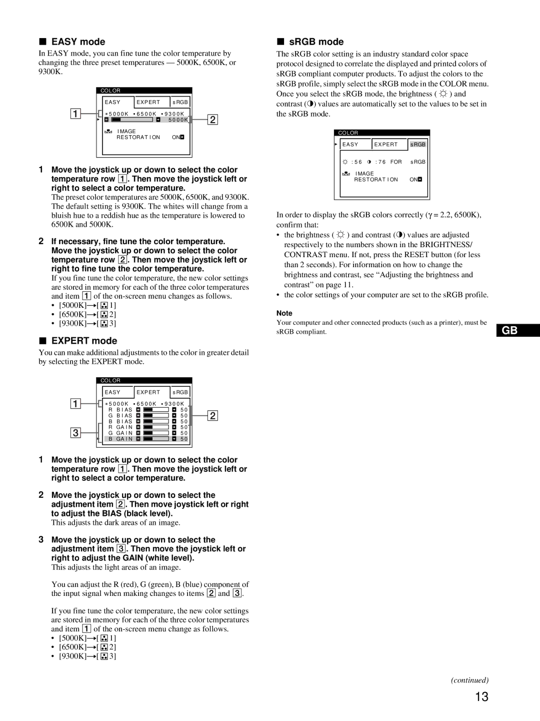 HP Color Display A7217A manual Easy mode, Expert mode, SRGB mode, This adjusts the dark areas of an image 