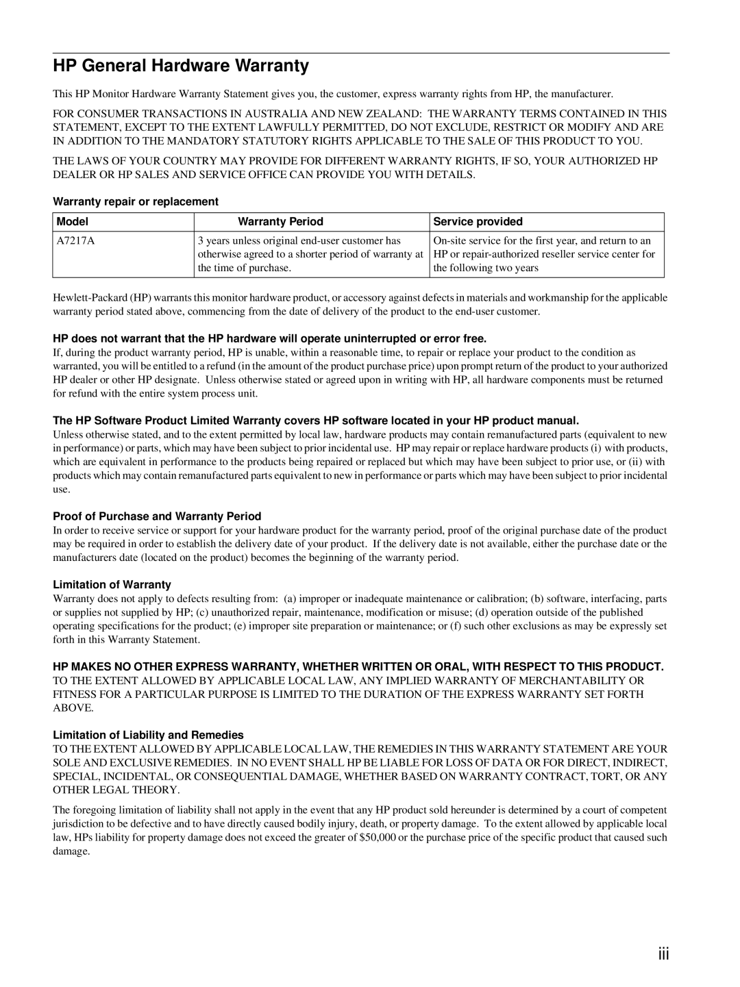 HP Color Display A7217A manual HP General Hardware Warranty, Proof of Purchase and Warranty Period, Limitation of Warranty 