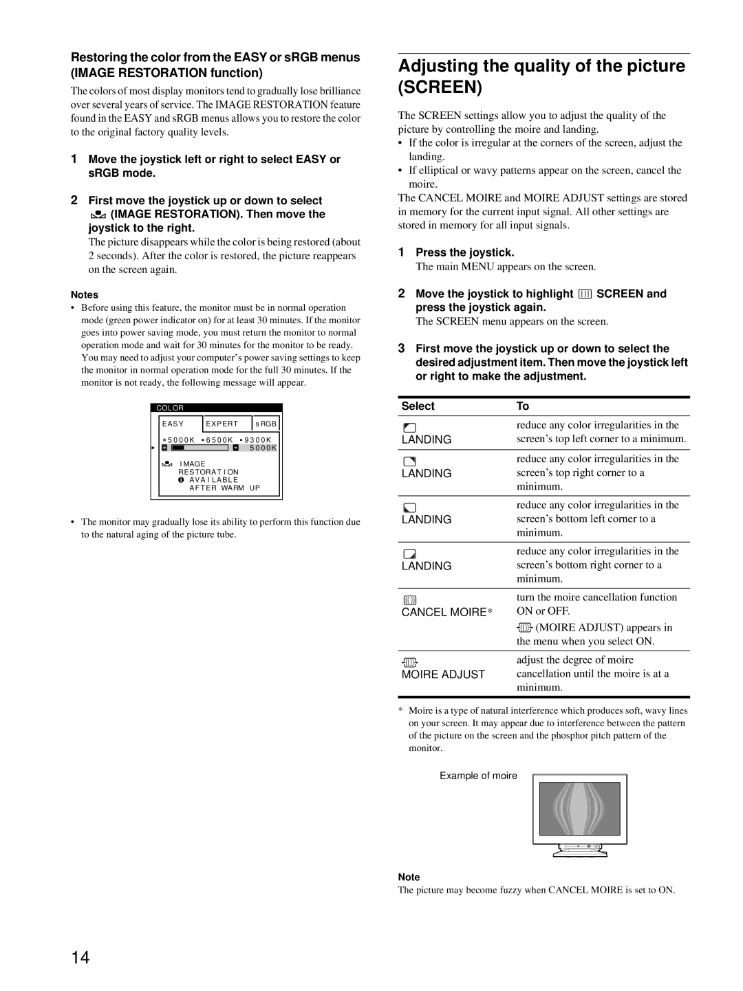 HP Color Display A7217A manual Adjusting the quality of the picture Screen 