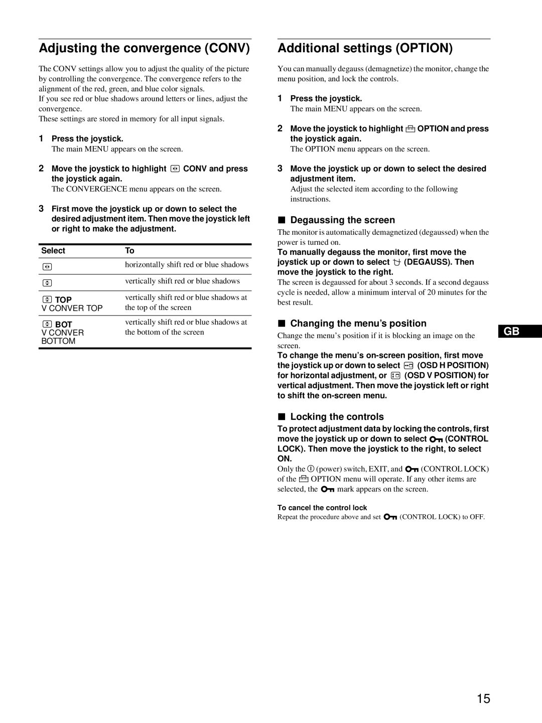 HP Color Display A7217A manual Adjusting the convergence Conv, Additional settings Option, Degaussing the screen 