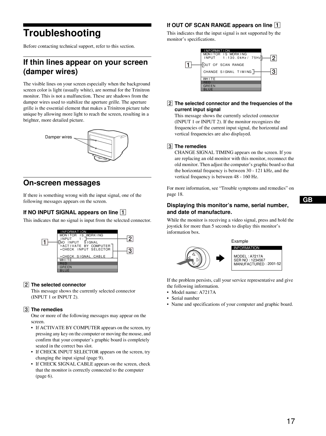 HP Color Display A7217A manual Troubleshooting, If thin lines appear on your screen damper wires, On-screen messages 