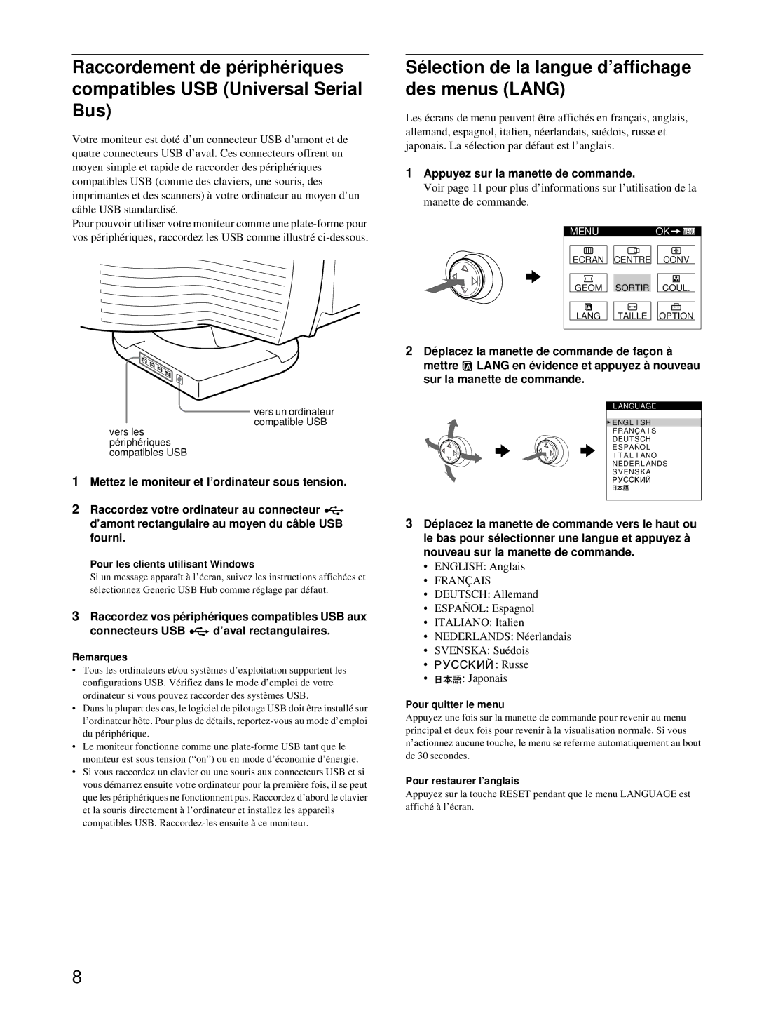 HP Color Display A7217A Sélection de la langue d’affichage des menus Lang, Appuyez sur la manette de commande, Français 