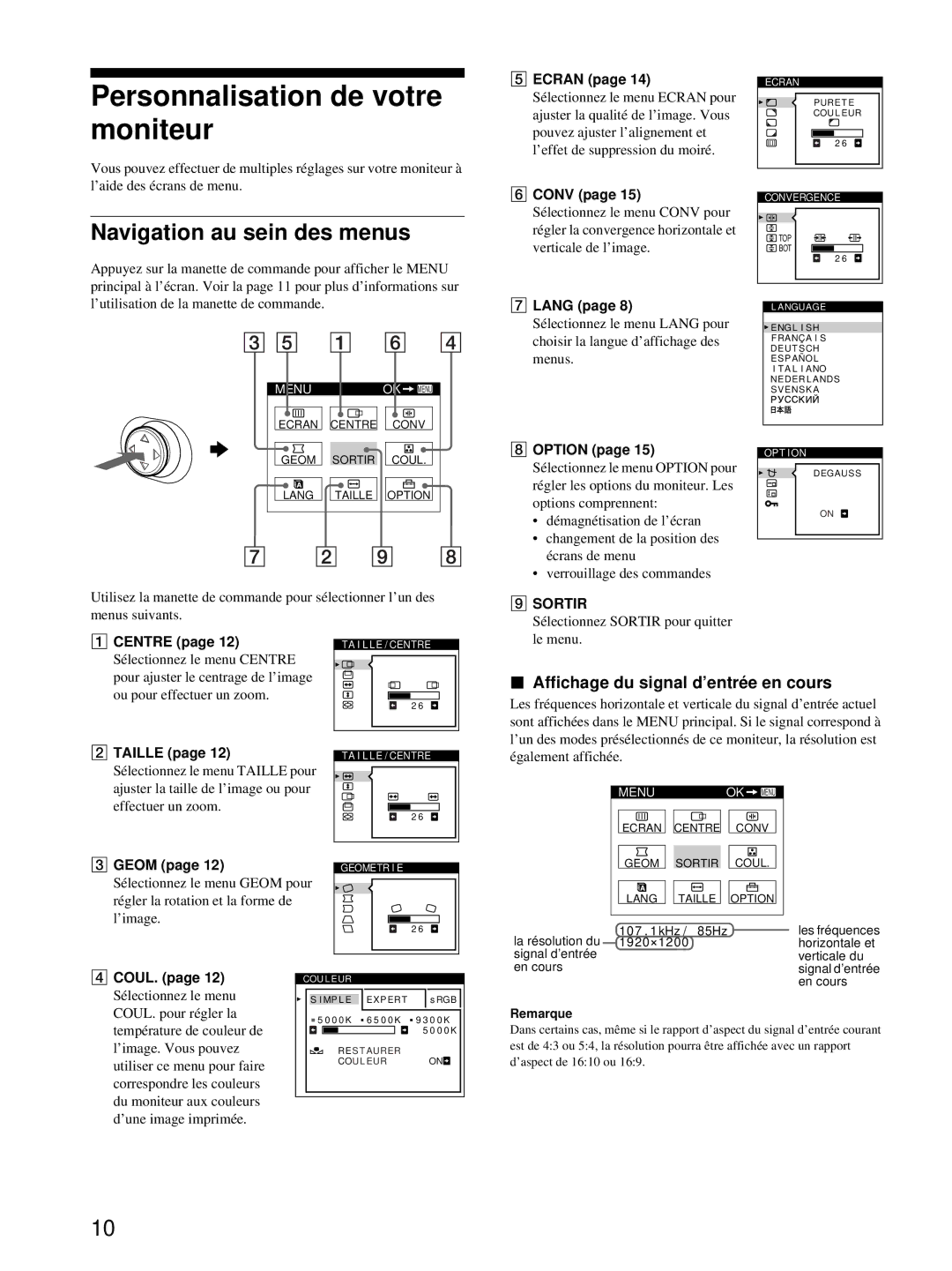 HP Color Display A7217A manual Personnalisation de votre moniteur, Navigation au sein des menus 