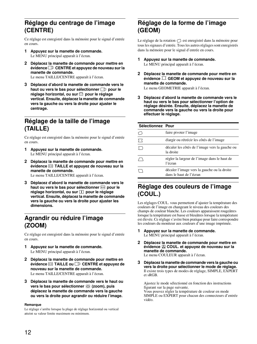 HP Color Display A7217A manual Réglage du centrage de l’image Centre, Réglage de la taille de l’image Taille 