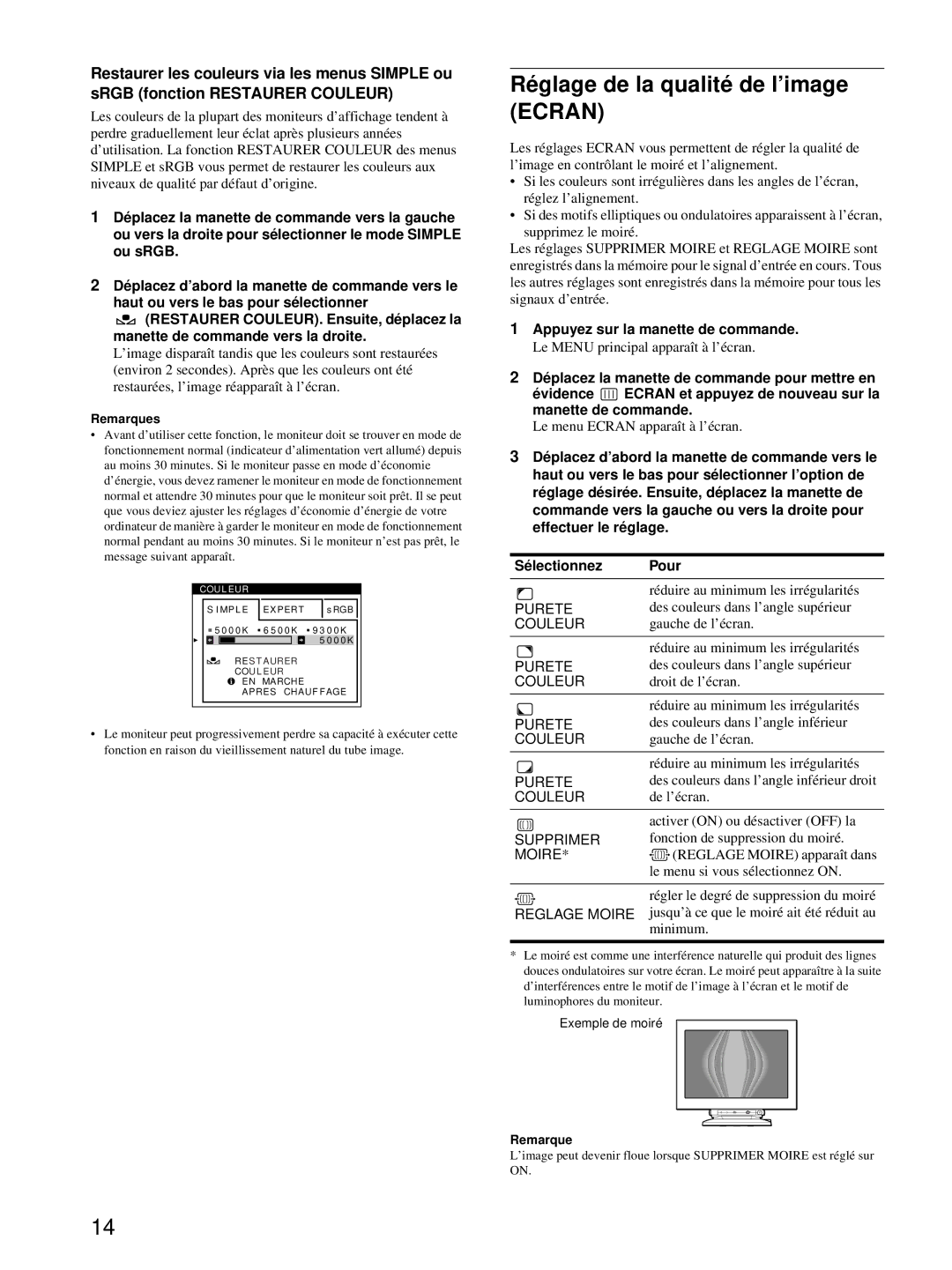 HP Color Display A7217A manual Réglage de la qualité de l’image Ecran 