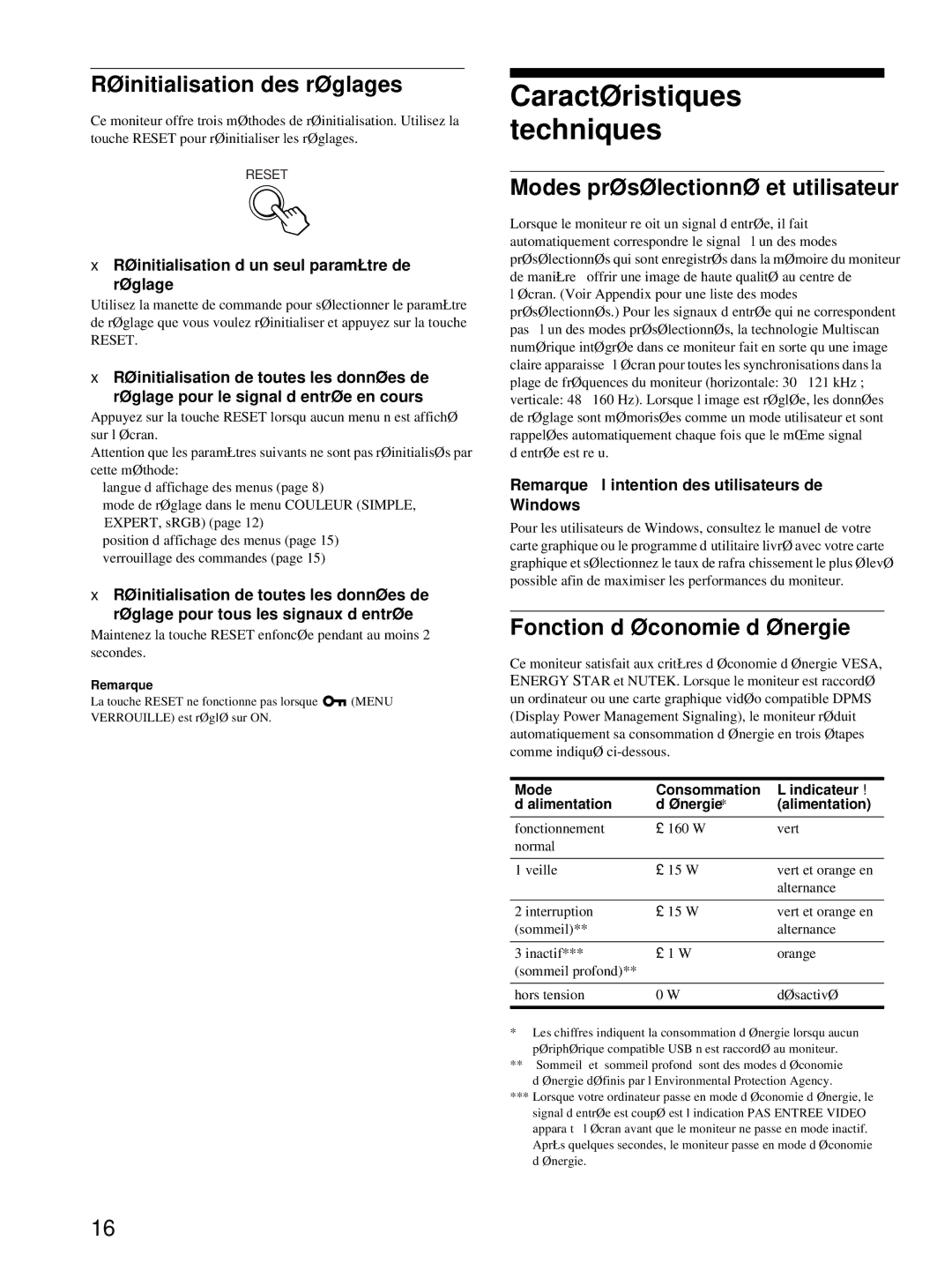 HP Color Display A7217A Caractéristiques techniques, Réinitialisation des réglages, Modes présélectionné et utilisateur 