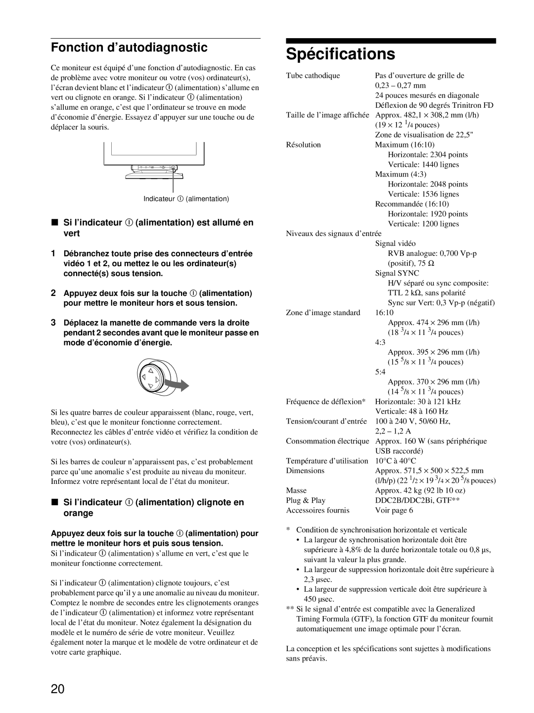 HP Color Display A7217A manual Spécifications, Fonction d’autodiagnostic, Si l’indicateur ! alimentation est allumé en vert 