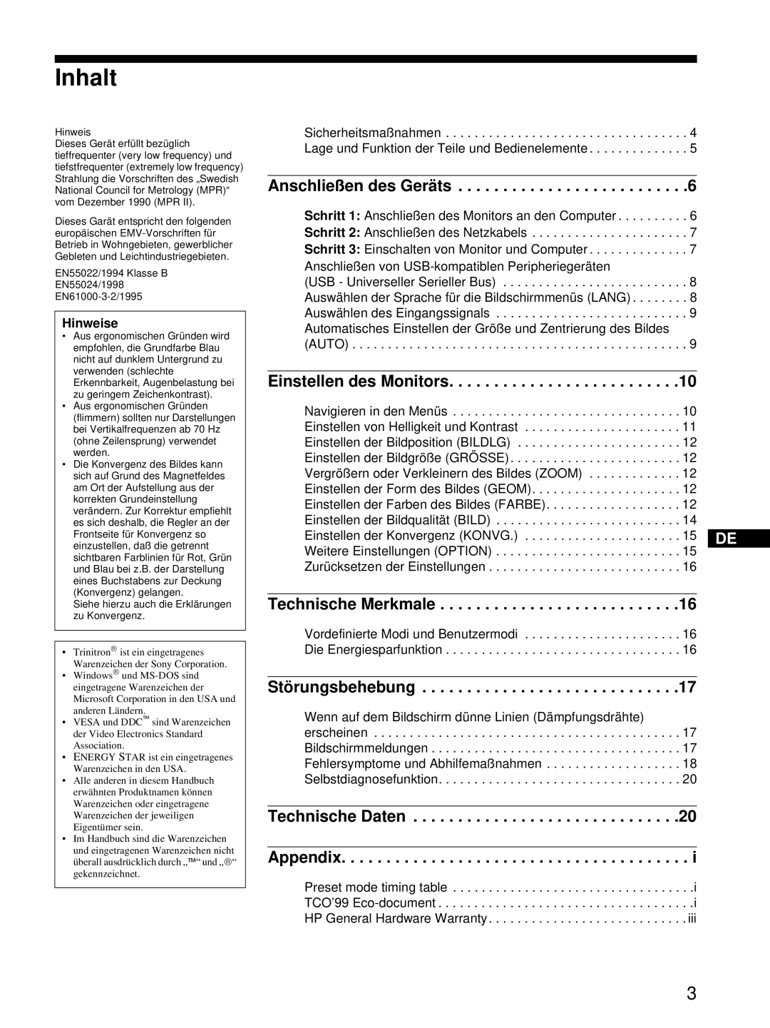 HP Color Display A7217A manual Inhalt, Hinweise 