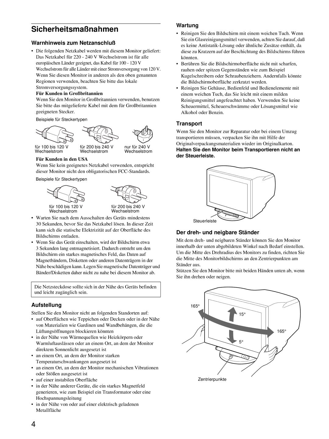 HP Color Display A7217A manual Sicherheitsmaßnahmen, Warnhinweis zum Netzanschluß, Wartung, Aufstellung 