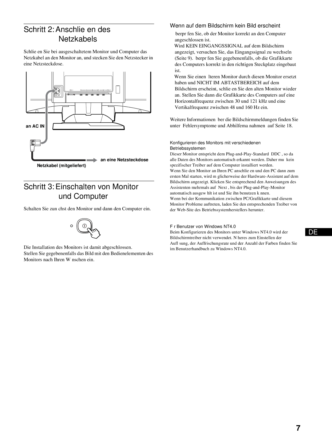 HP Color Display A7217A manual Schritt 2 Anschließen des Netzkabels, Schritt 3 Einschalten von Monitor und Computer 