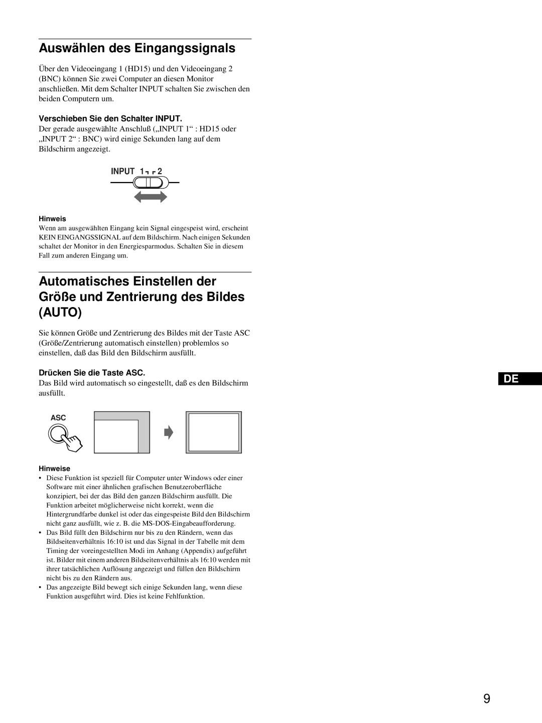 HP Color Display A7217A manual Auswählen des Eingangssignals, Verschieben Sie den Schalter Input, Drücken Sie die Taste ASC 