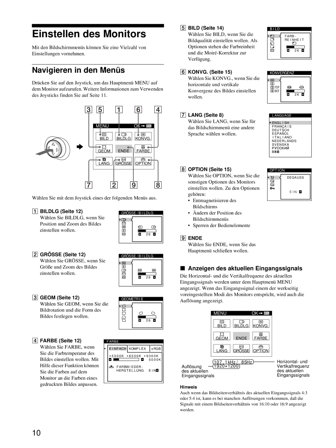 HP Color Display A7217A manual Einstellen des Monitors, Navigieren in den Menüs, Anzeigen des aktuellen Eingangssignals 