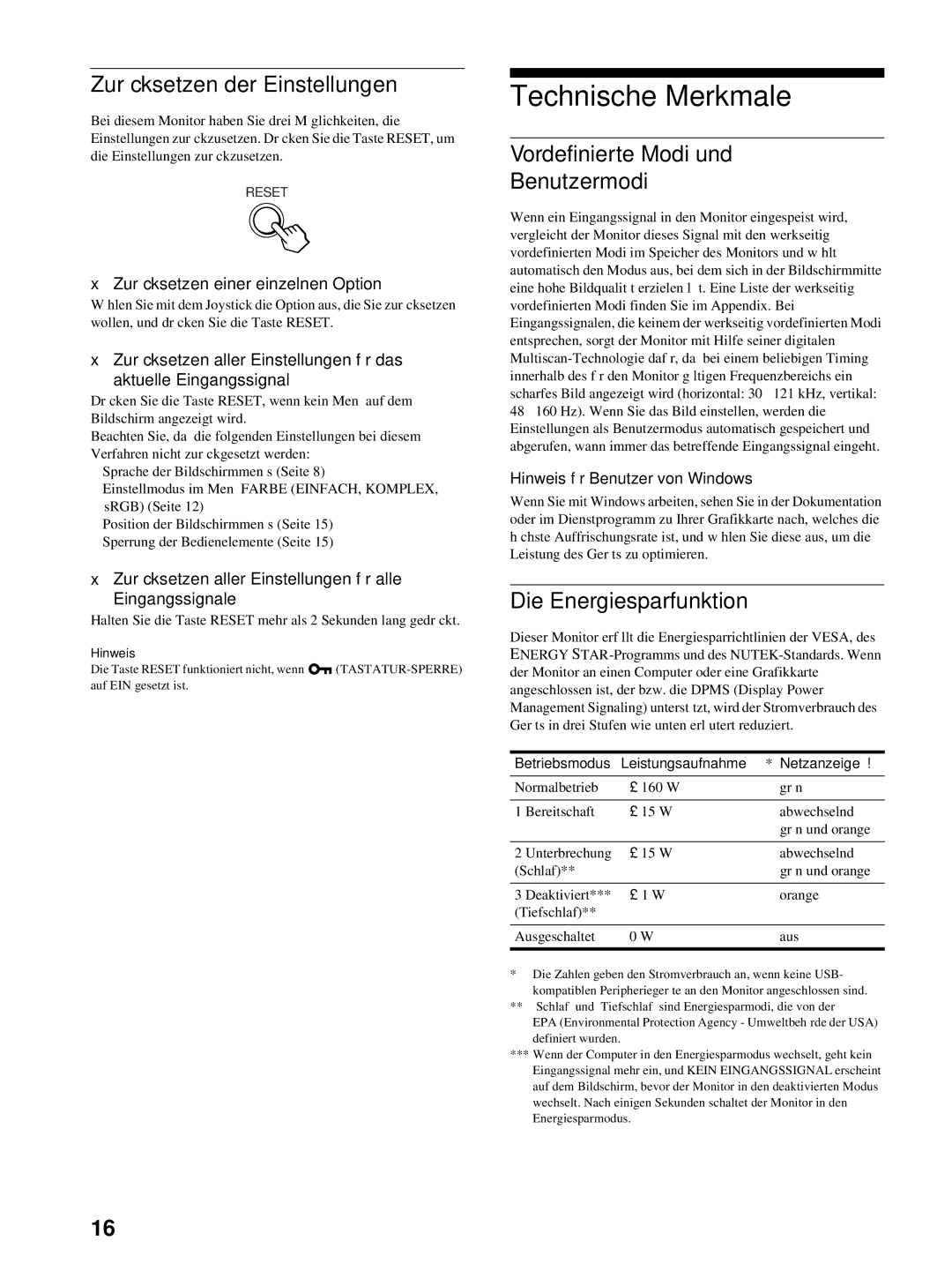 HP Color Display A7217A manual Technische Merkmale, Zurücksetzen der Einstellungen, Vordefinierte Modi und Benutzermodi 