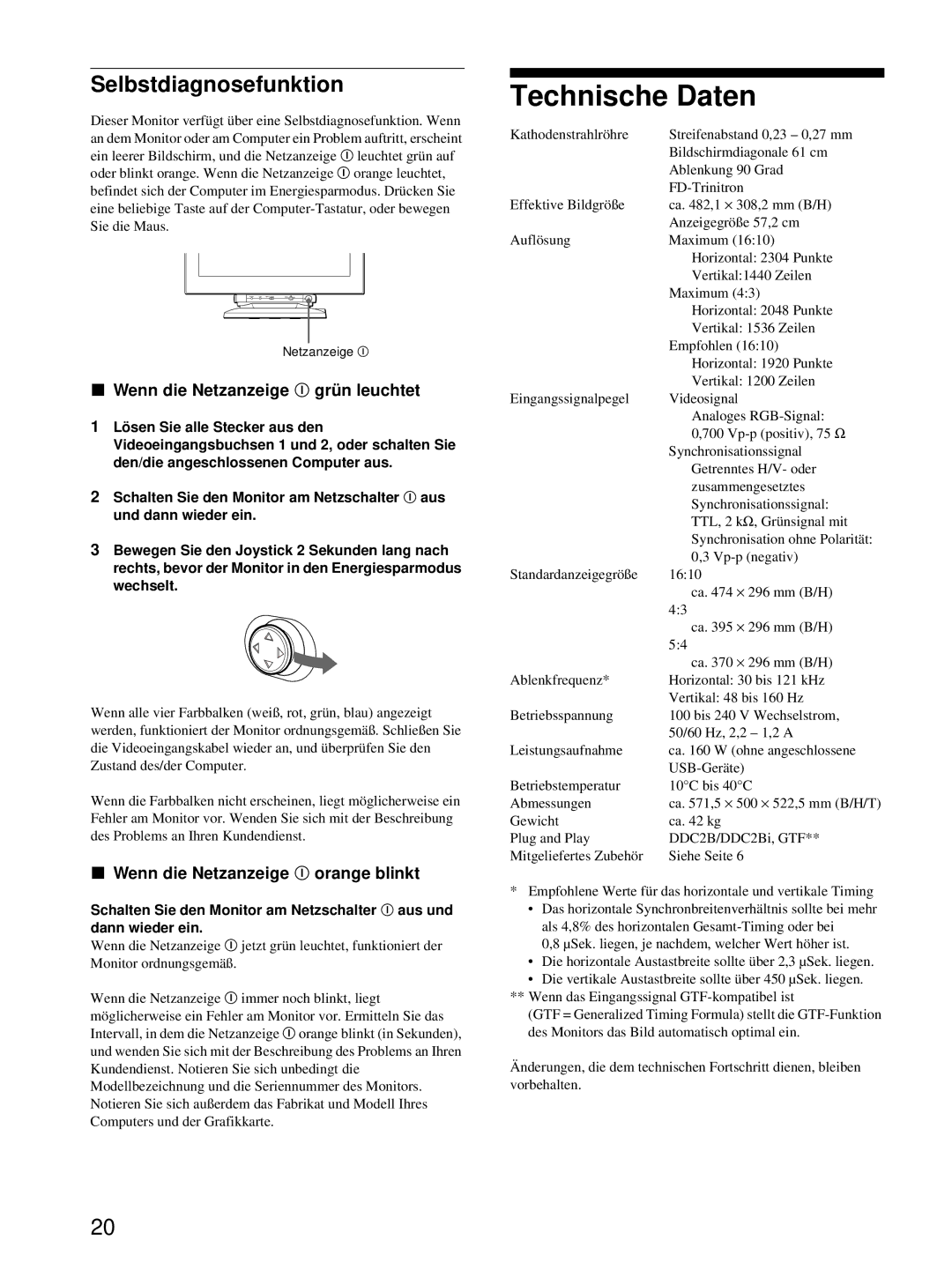 HP Color Display A7217A manual Technische Daten, Selbstdiagnosefunktion, Wenn die Netzanzeige ! grün leuchtet 