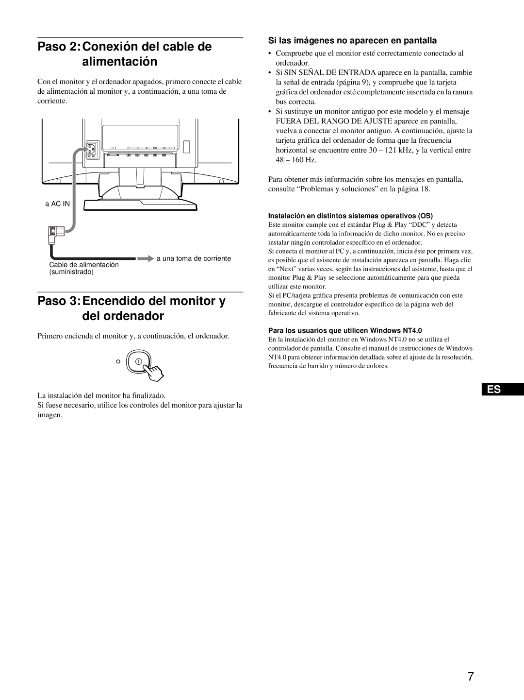 HP Color Display A7217A manual Paso 2 Conexión del cable de alimentación, Paso 3 Encendido del monitor y del ordenador 