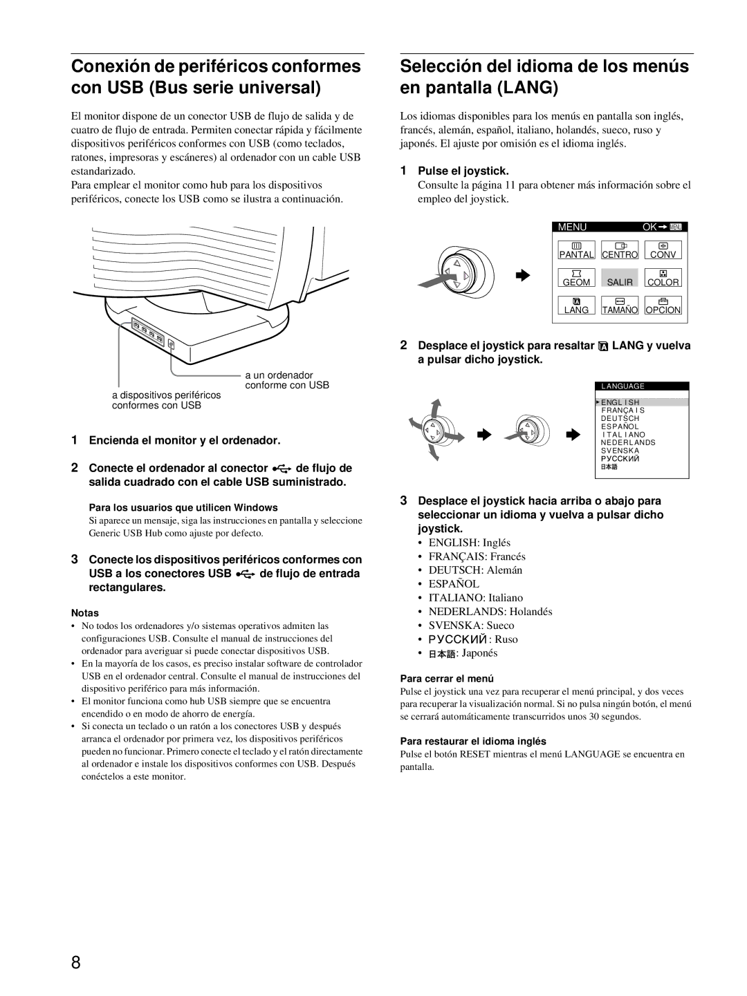 HP Color Display A7217A manual Selección del idioma de los menús en pantalla Lang, Pulse el joystick, Español 