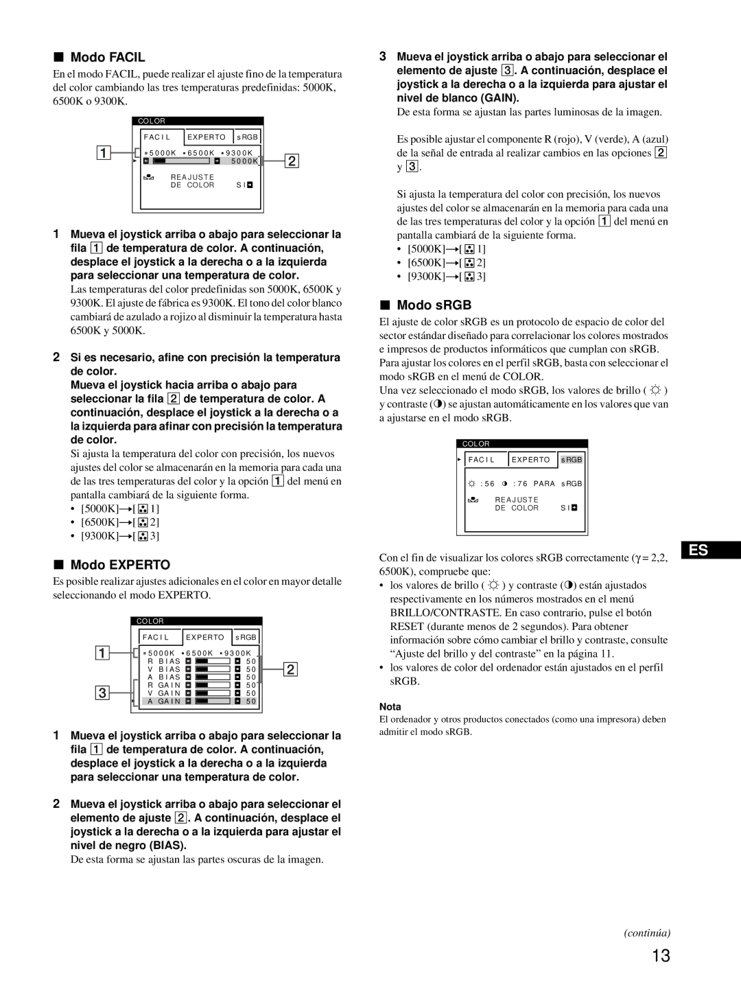 HP Color Display A7217A Modo Facil, Modo Experto, Modo sRGB, De esta forma se ajustan las partes oscuras de la imagen 