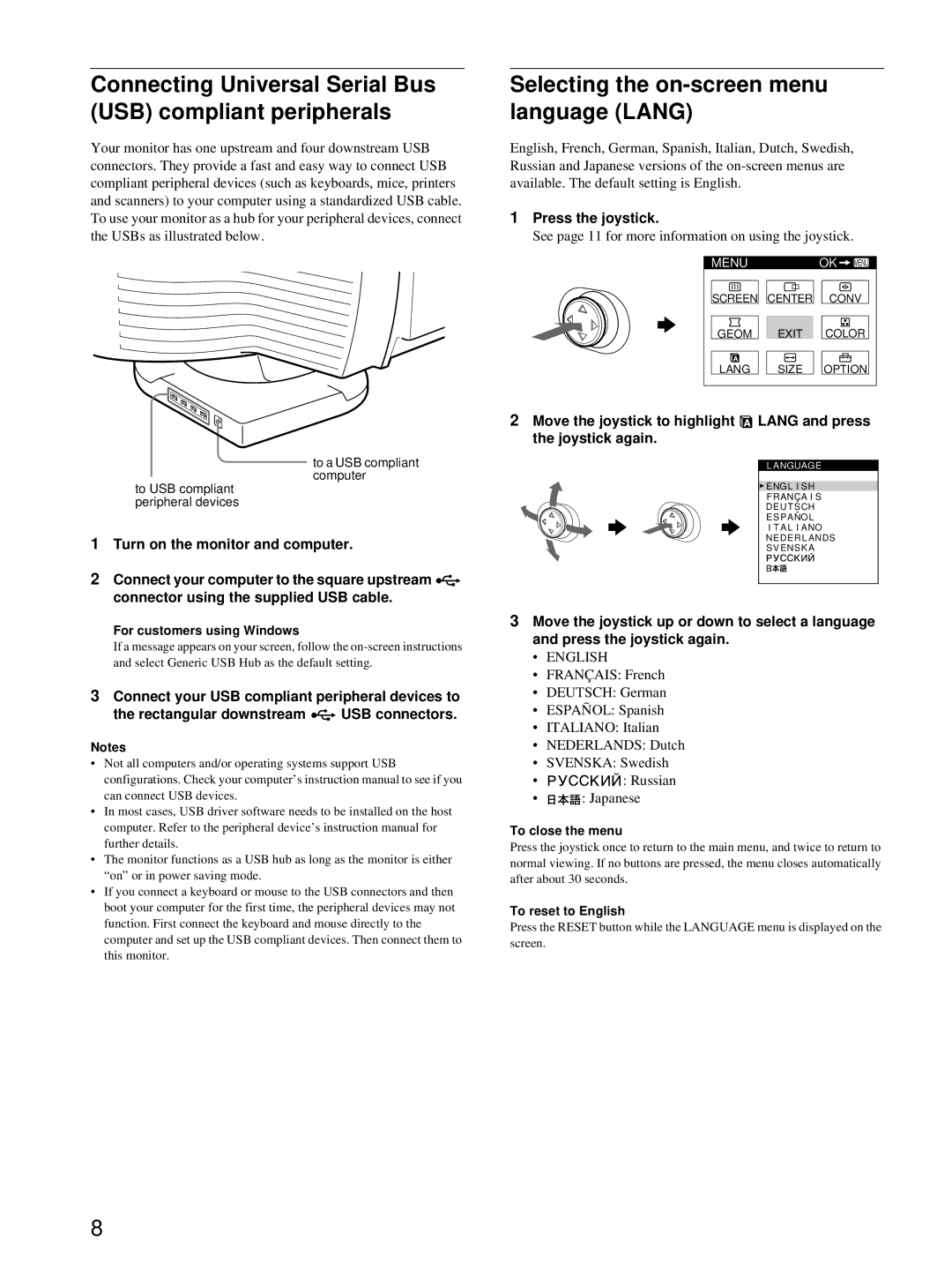 HP Color Display A7217A manual Selecting the on-screen menu language Lang, Press the joystick, English 