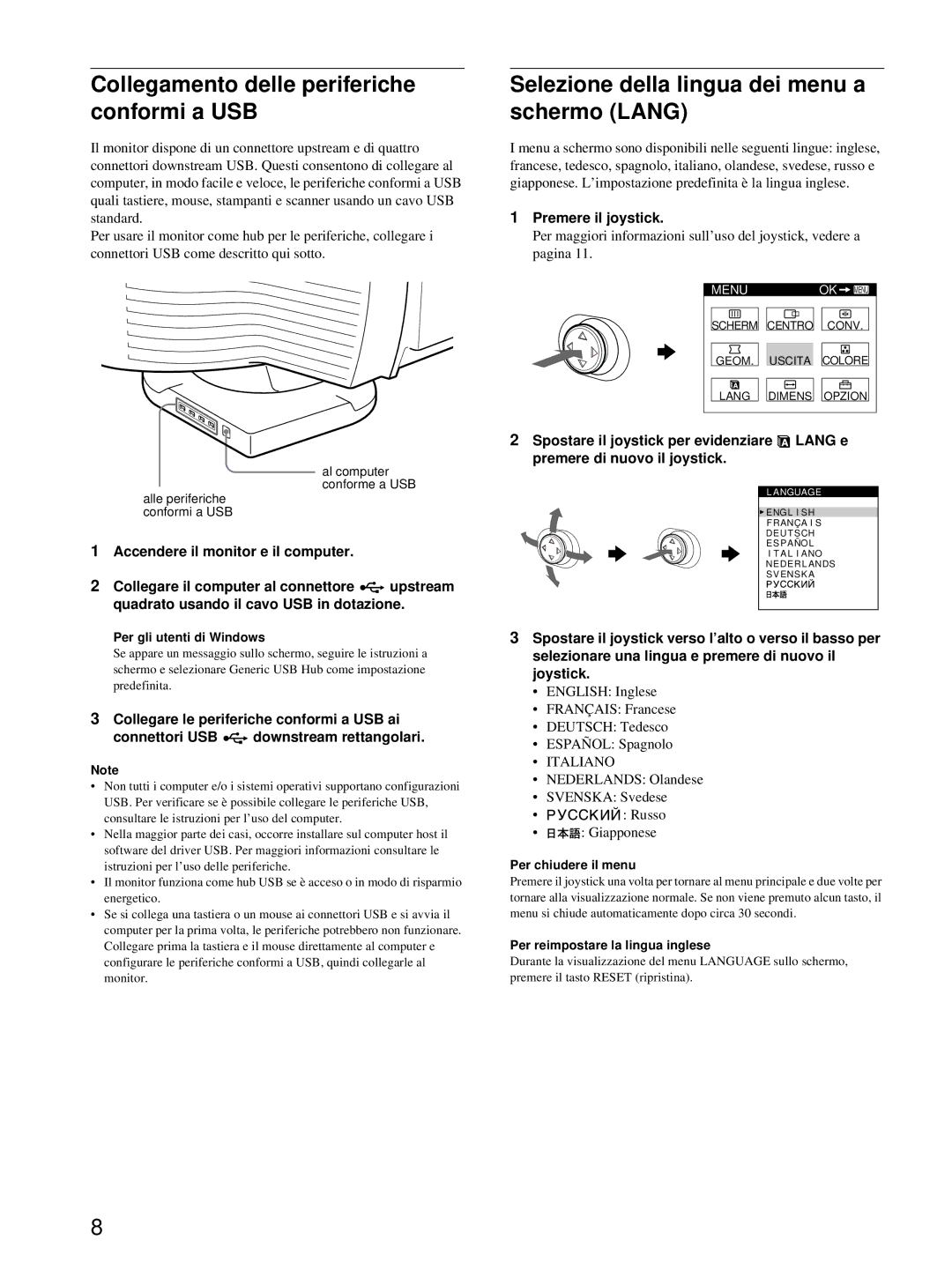 HP Color Display A7217A Collegamento delle periferiche conformi a USB, Selezione della lingua dei menu a schermo Lang 