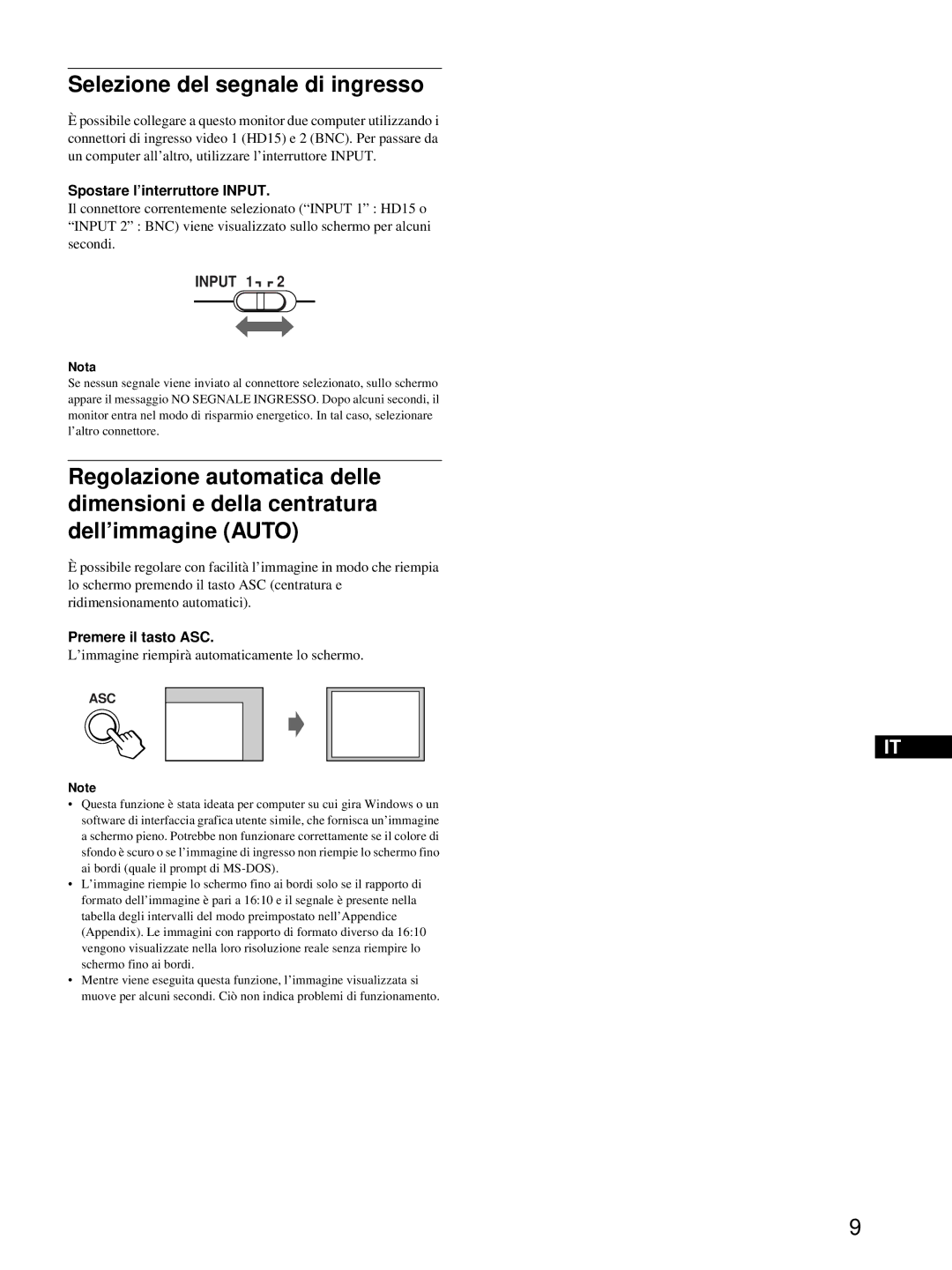 HP Color Display A7217A manual Selezione del segnale di ingresso, Spostare l’interruttore Input, Premere il tasto ASC 