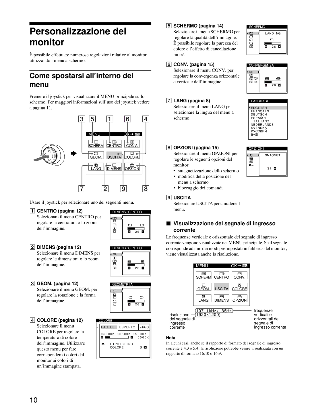 HP Color Display A7217A manual Personalizzazione del monitor, Come spostarsi all’interno del menu 