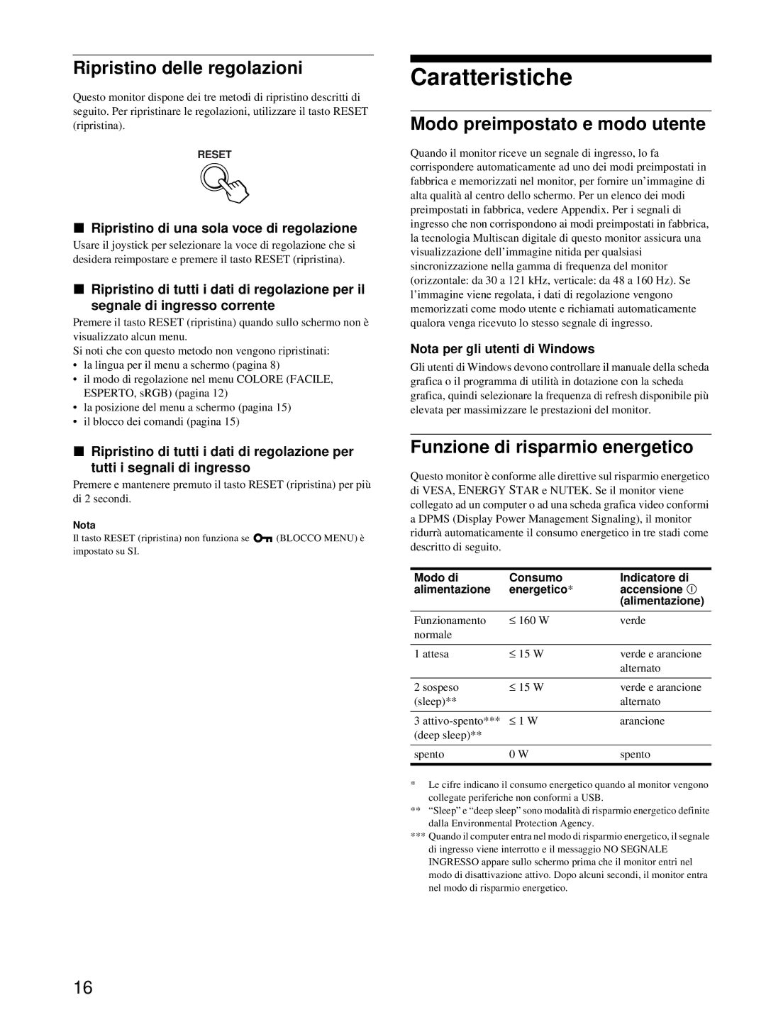 HP Color Display A7217A manual Caratteristiche, Ripristino delle regolazioni, Modo preimpostato e modo utente 