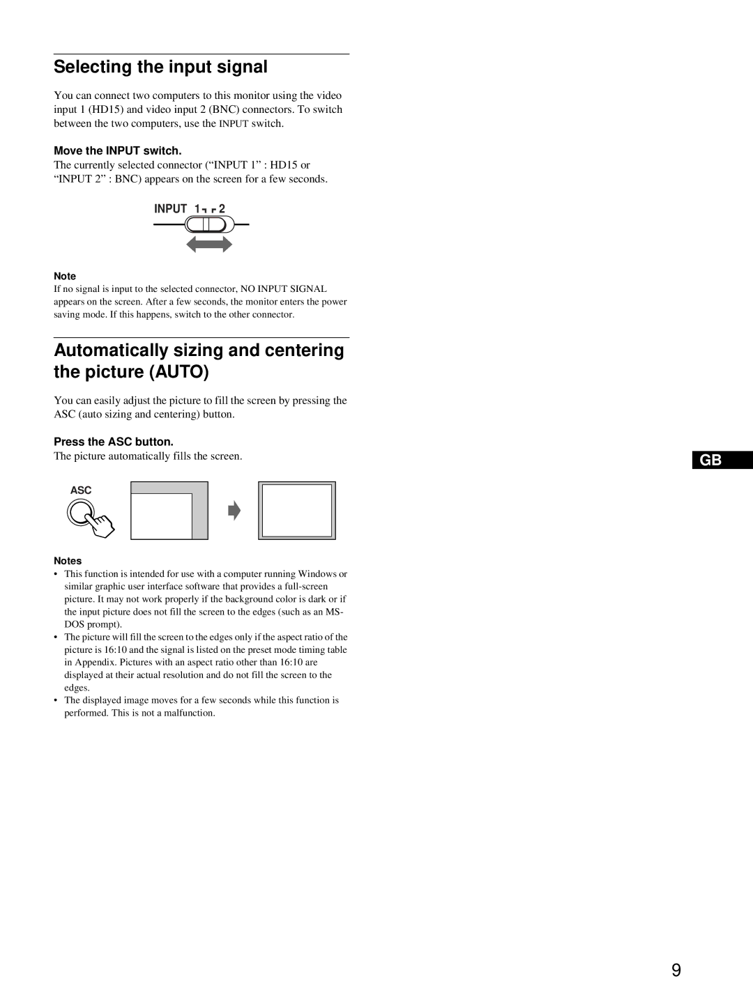 HP Color Display A7217A manual Selecting the input signal, Automatically sizing and centering the picture Auto, Input 1 