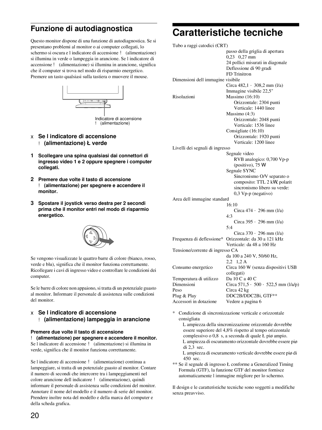 HP Color Display A7217A manual Caratteristiche tecniche, Funzione di autodiagnostica 