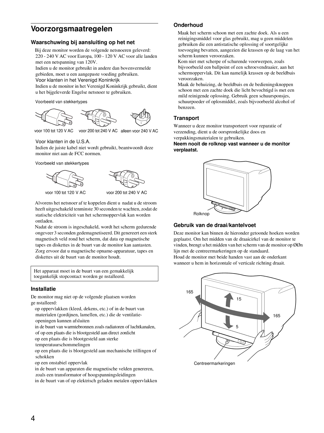 HP Color Display A7217A manual Voorzorgsmaatregelen, Waarschuwing bij aansluiting op het net, Installatie, Onderhoud 