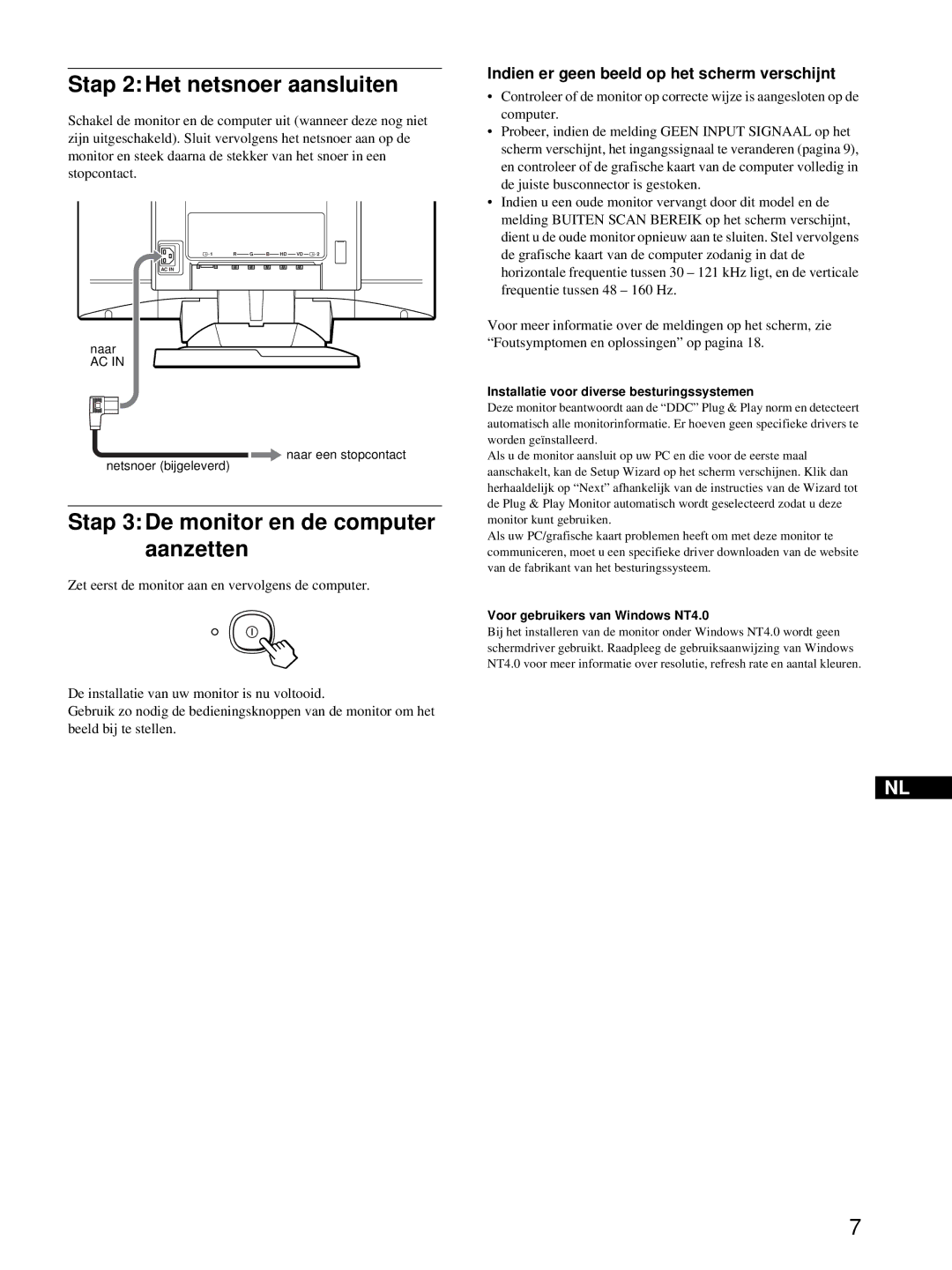 HP Color Display A7217A manual Stap 2 Het netsnoer aansluiten, Stap 3 De monitor en de computer aanzetten 