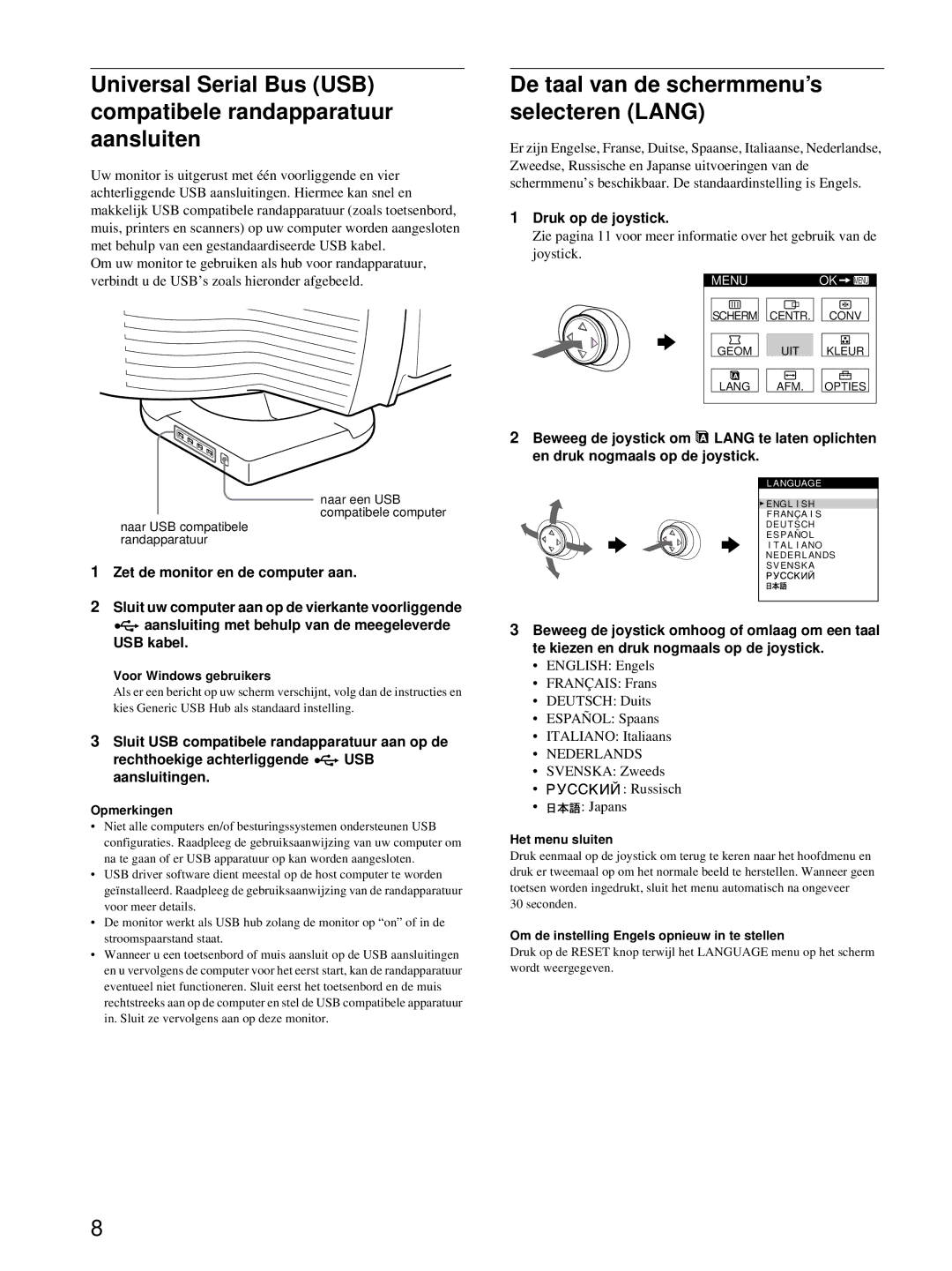 HP Color Display A7217A manual Druk op de joystick, Nederlands, Svenska Zweeds Russisch Japans 