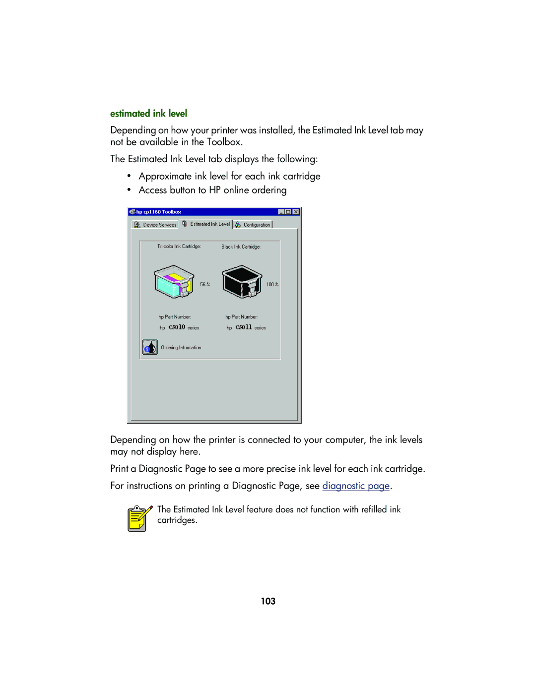 HP Color Inkjet cp1160 manual Estimated ink level 