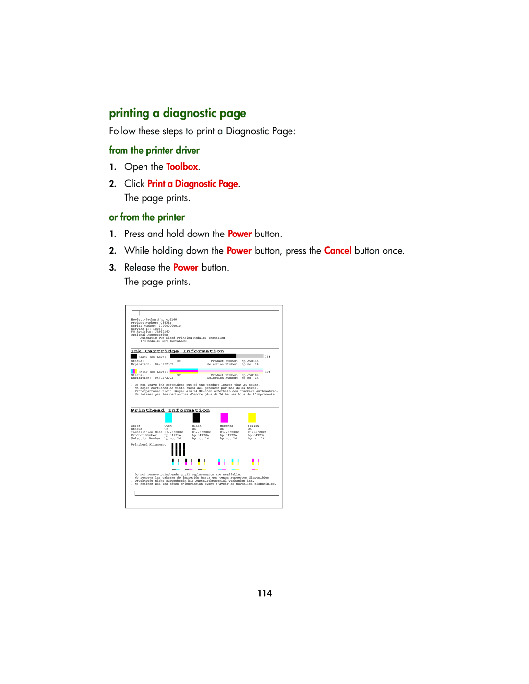 HP Color Inkjet cp1160 Printing a diagnostic, From the printer driver, Click Print a Diagnostic Page. The page prints 