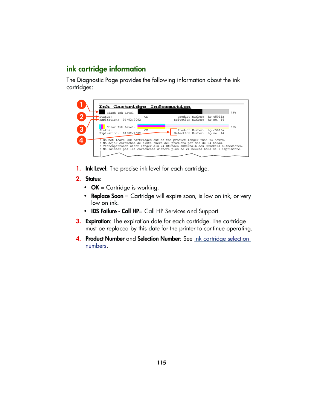 HP Color Inkjet cp1160 manual Ink cartridge information 