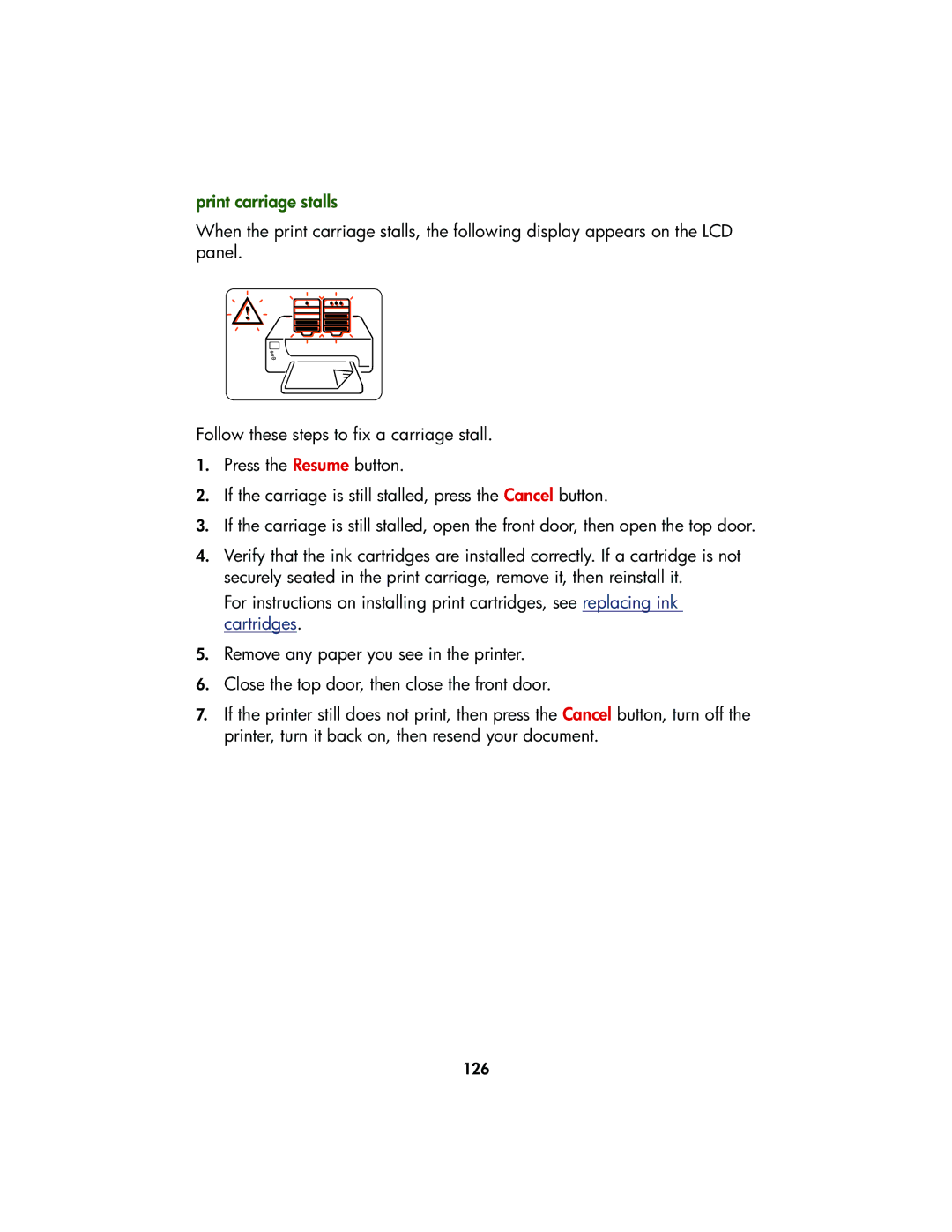 HP Color Inkjet cp1160 manual Print carriage stalls 