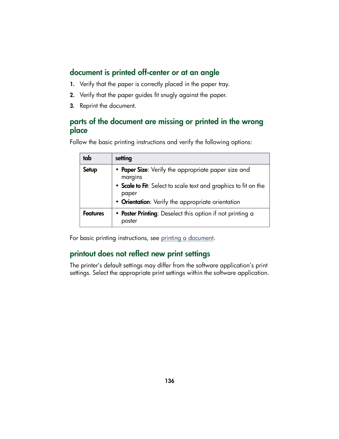 HP Color Inkjet cp1160 manual Document is printed off-center or at an angle, Printout does not reflect new print settings 