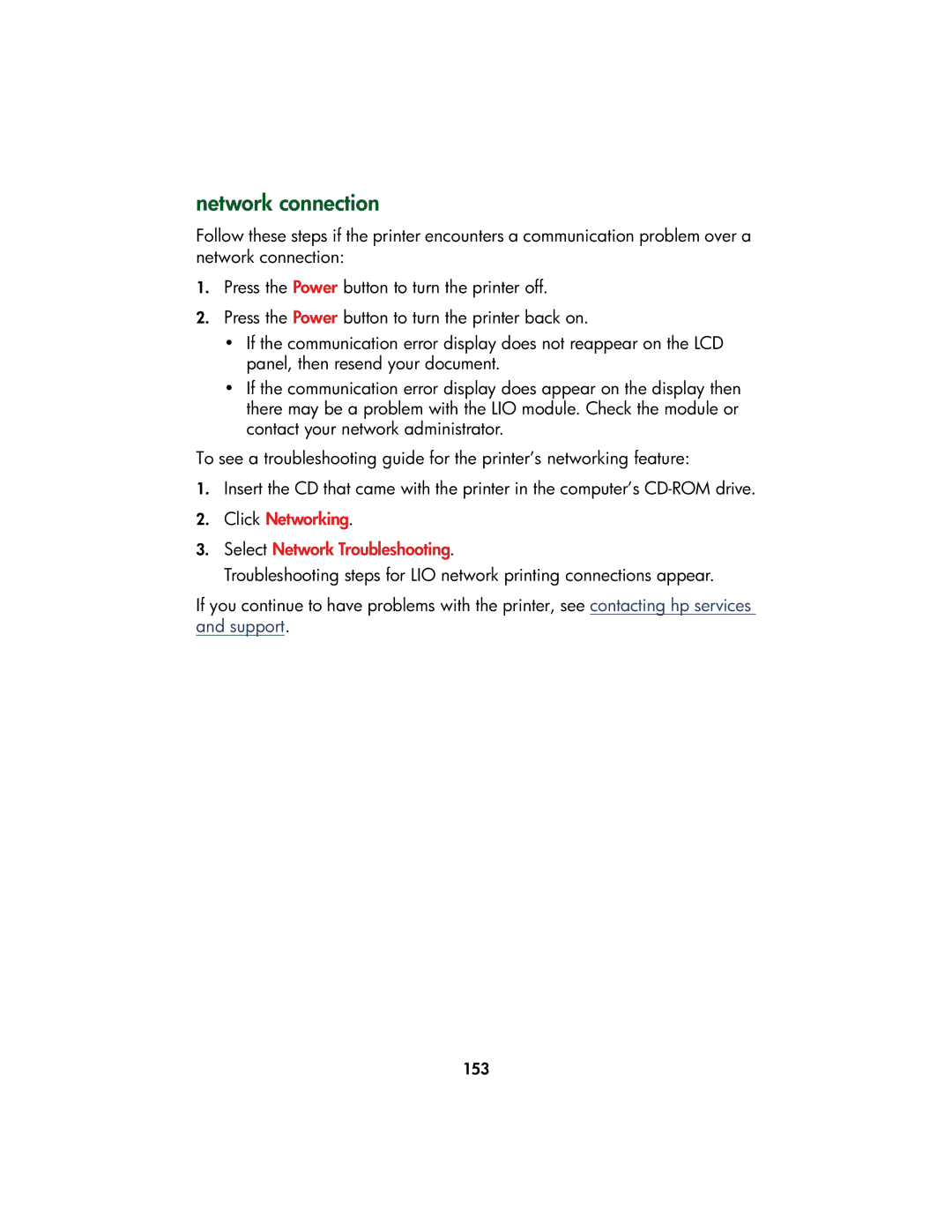 HP Color Inkjet cp1160 manual Network connection, Click Networking Select Network Troubleshooting 