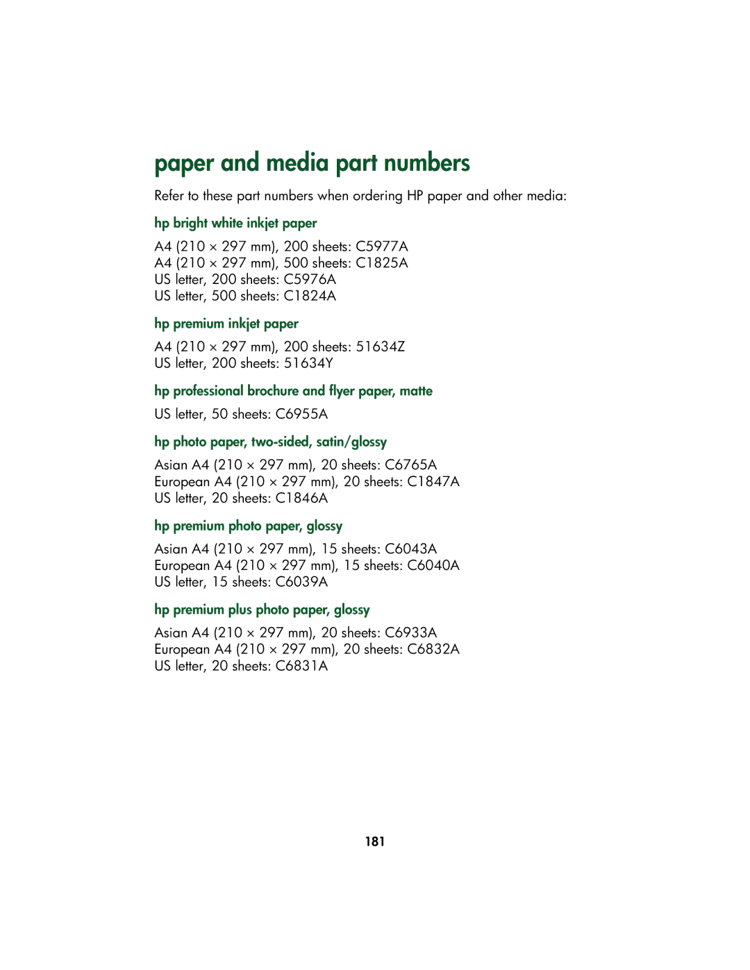 HP Color Inkjet cp1160 manual Paper and media part numbers 