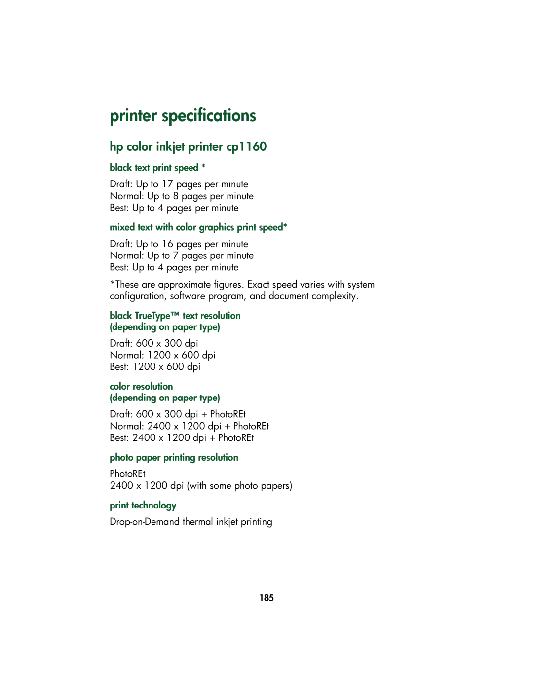 HP Color Inkjet cp1160 manual Printer specifications, Hp color inkjet printer cp1160 