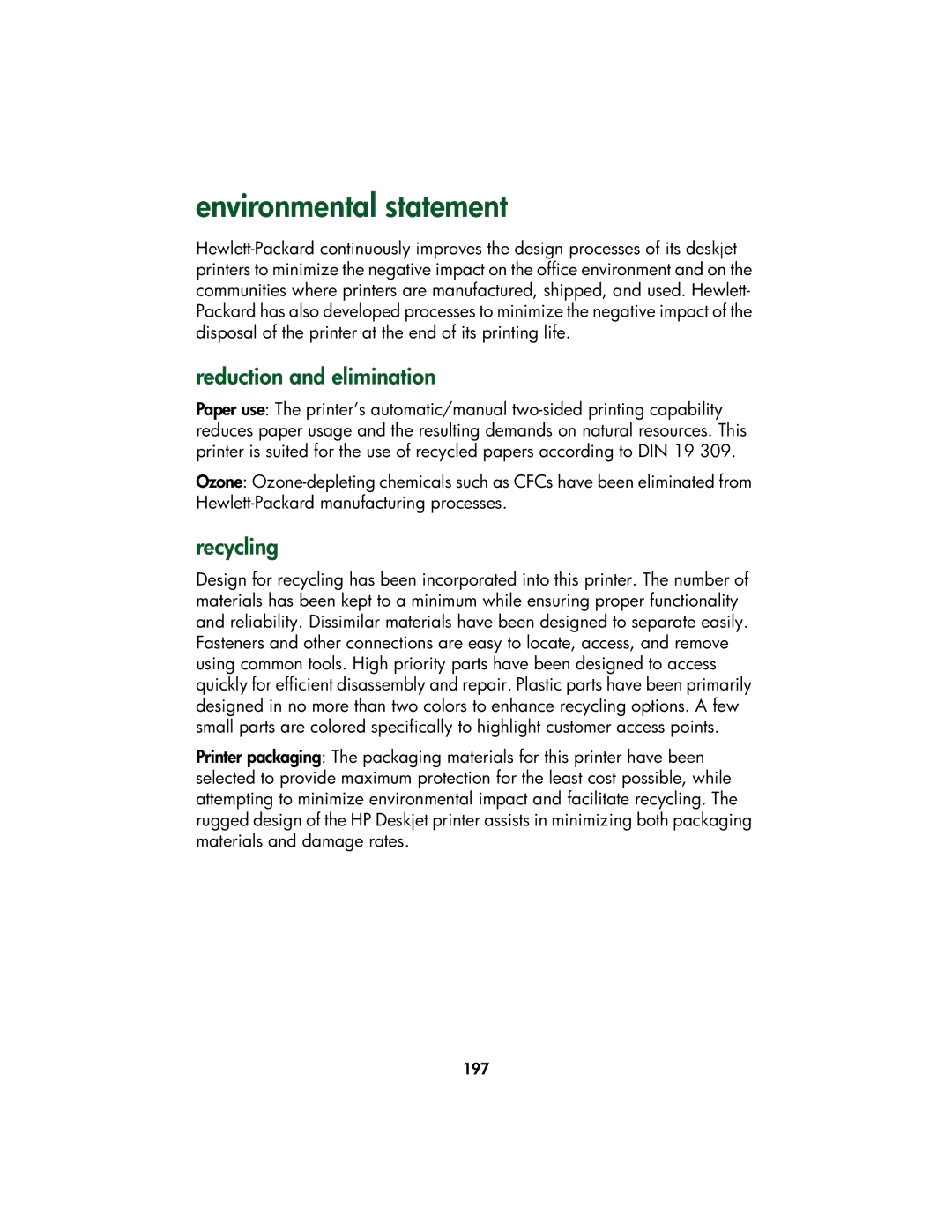 HP Color Inkjet cp1160 manual Environmental statement, Reduction and elimination, Recycling 