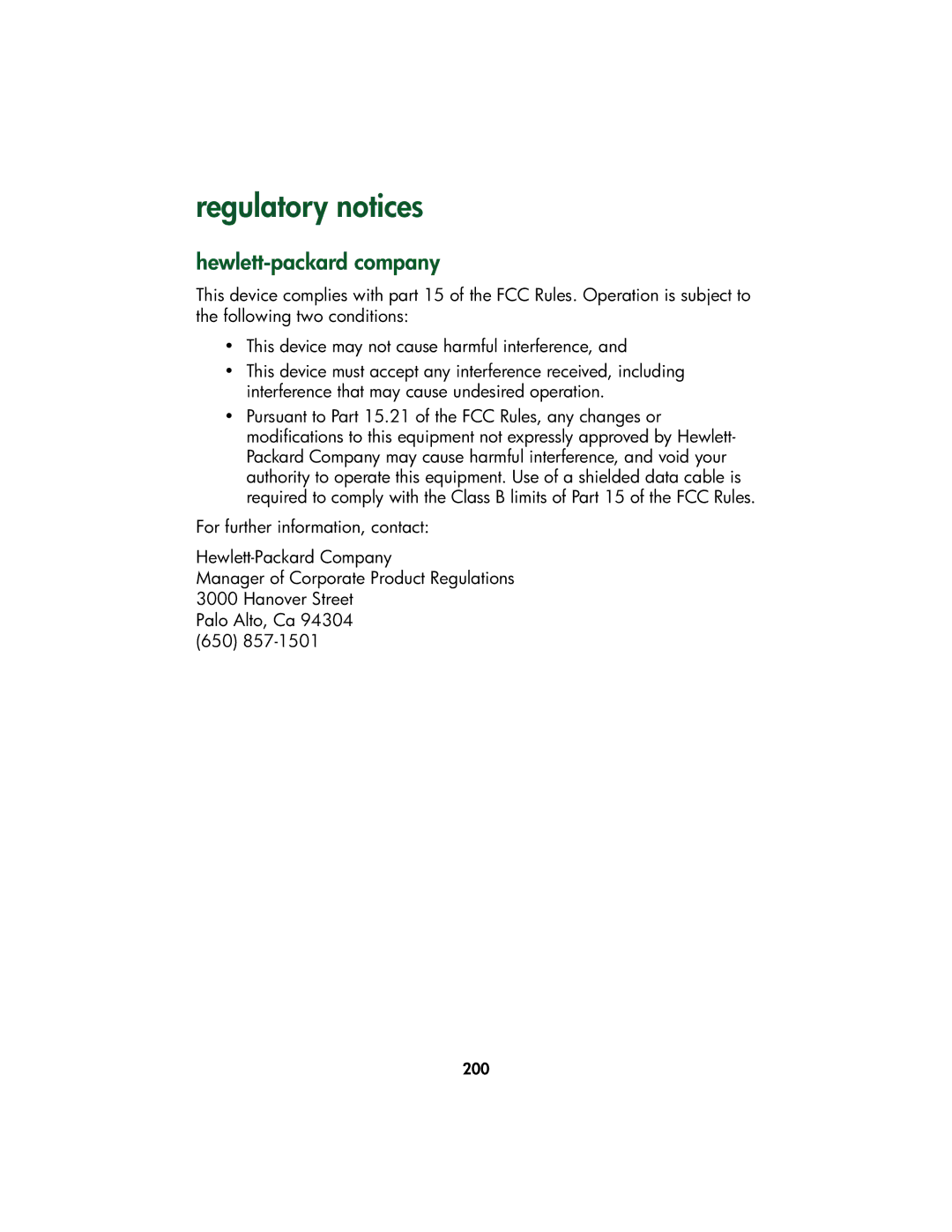 HP Color Inkjet cp1160 manual Regulatory notices, Hewlett-packard company 