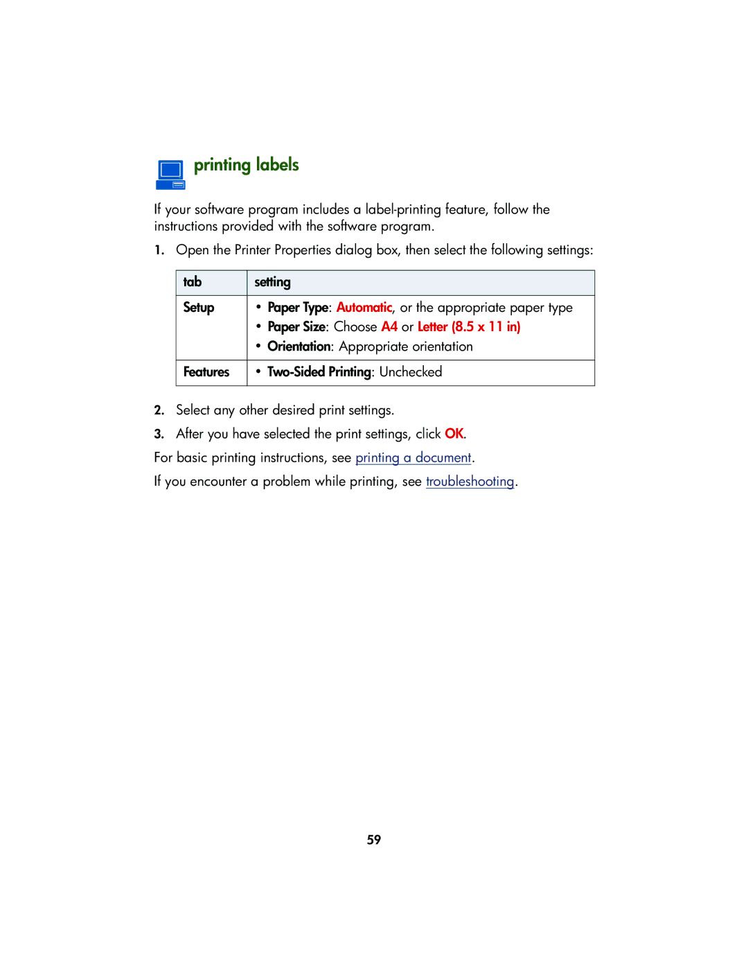 HP Color Inkjet cp1160 manual Printing labels 