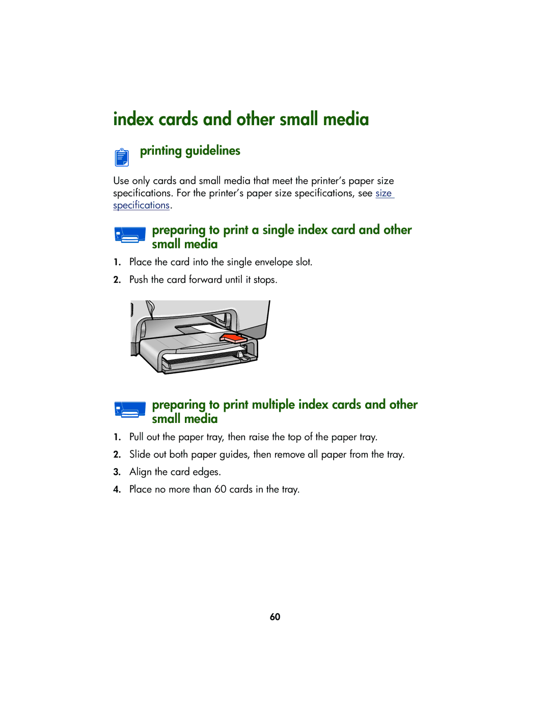 HP Color Inkjet cp1160 Index cards and other small media, Preparing to print a single index card and other small media 