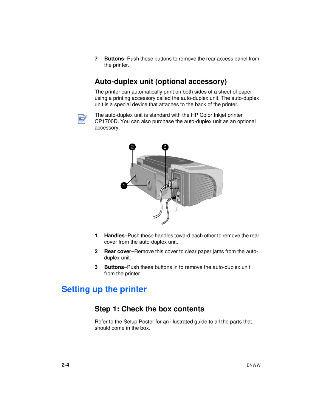 HP Color Inkjet cp1700 manual Setting up the printer, Auto-duplex unit optional accessory, Check the box contents 