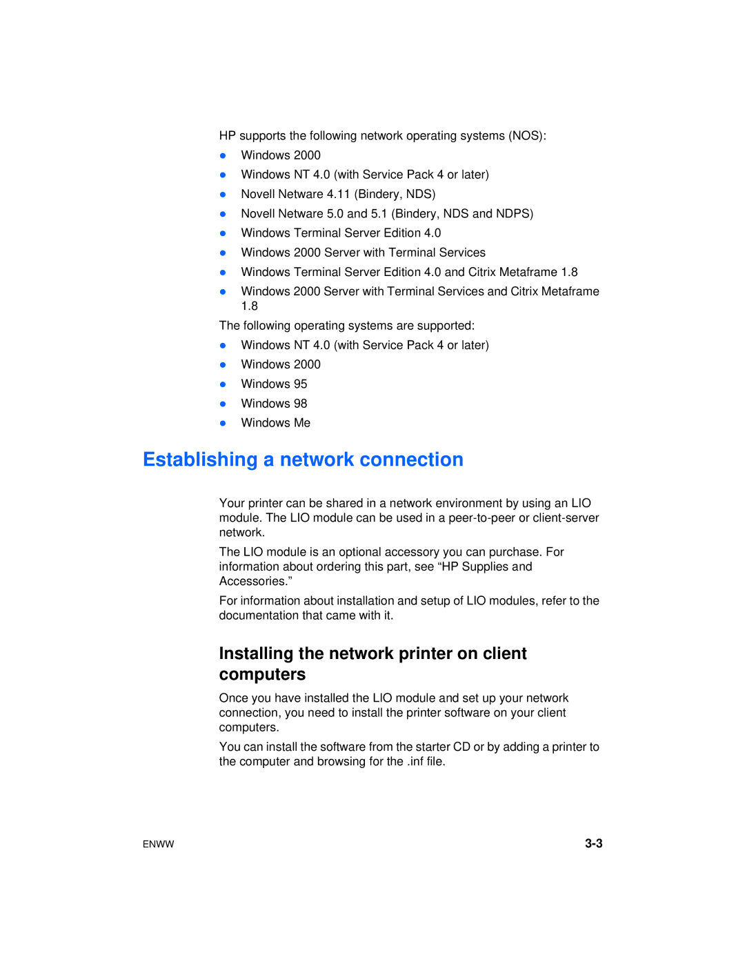 HP Color Inkjet cp1700 manual Establishing a network connection, Installing the network printer on client computers 