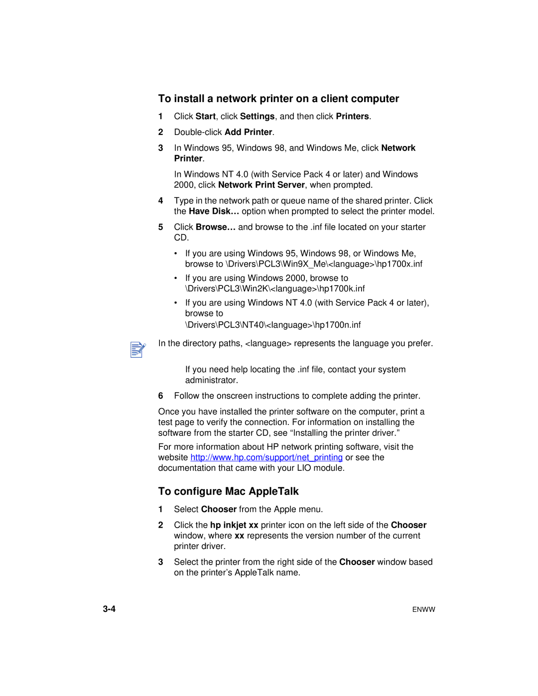 HP Color Inkjet cp1700 manual To install a network printer on a client computer, To configure Mac AppleTalk 